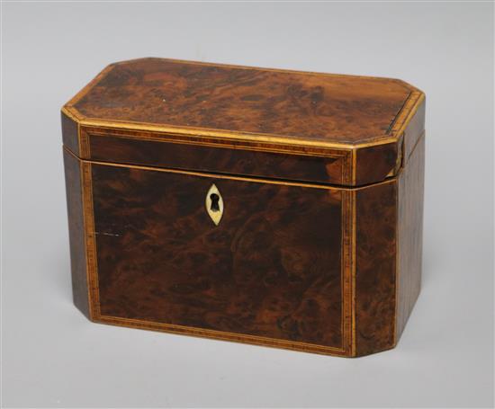 A George III tulipwood banded burr elm tea caddy length 19cm (a.f.)